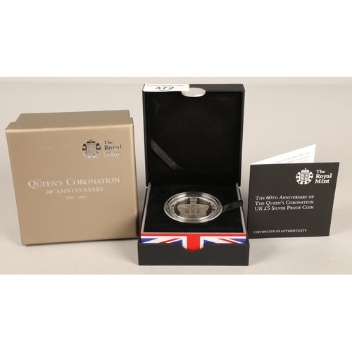 372 - Royal Mint The 60th Anniversary of The Queen's Coronation UK £5 silver proof coin with box and certi... 