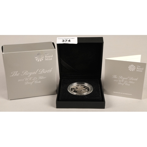 374 - Royal Mint The Royal Birth 2013 UK £5 silver proof coin with box and certificate of Authenticity