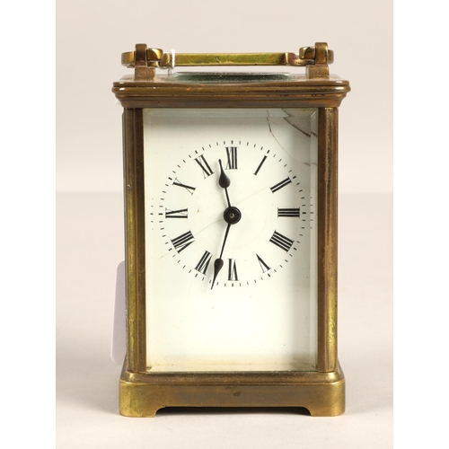 378 - Brass four glass carriage clock, 10cm excluding handle