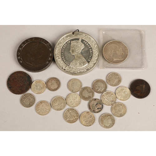 384 - Queen Victoria medallion, and other coinage to include cartwheel penny sixpences etc