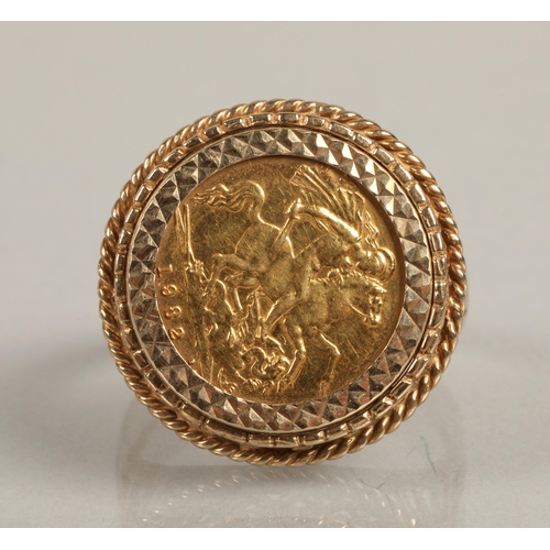 220 - 1982 half sovereign mounted in 9ct gold ring, size Z, gross weight 11.2g