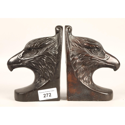 272 - Pair of bronze eagle head bookends, each 16cm h