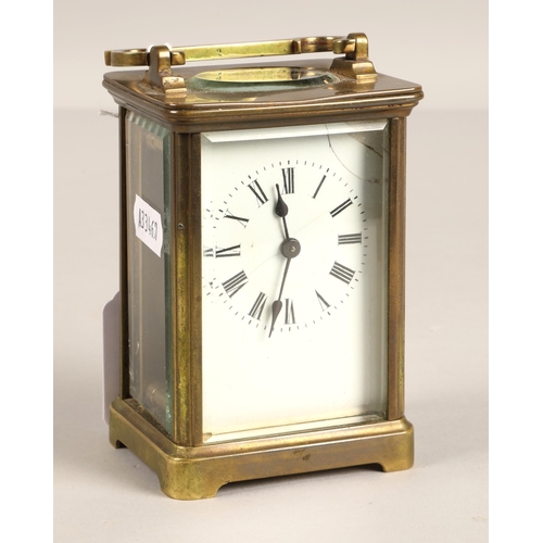 378 - Brass four glass carriage clock, 10cm excluding handle