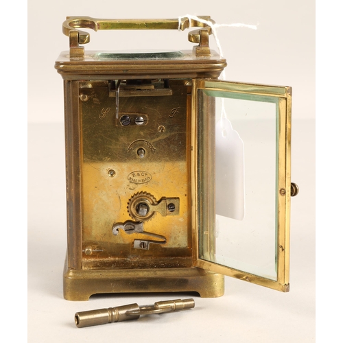 378 - Brass four glass carriage clock, 10cm excluding handle