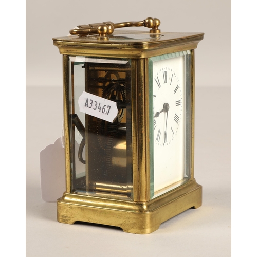 380 - Brass four glass carriage clock, 11cm excluding handle