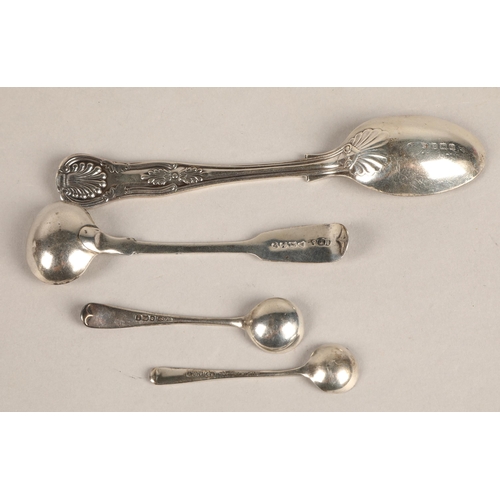 381 - Silver three piece condiment set, three condiment spoons and a silver teaspoon. 165 grams