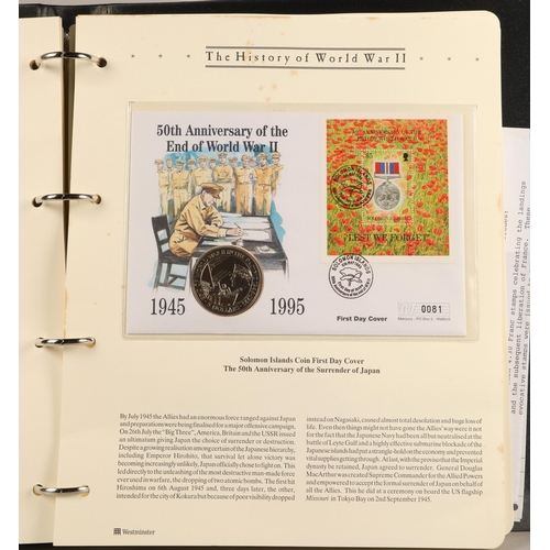 304 - Three albums containing various 'The History of the World War II' first-day covers and commemorative... 