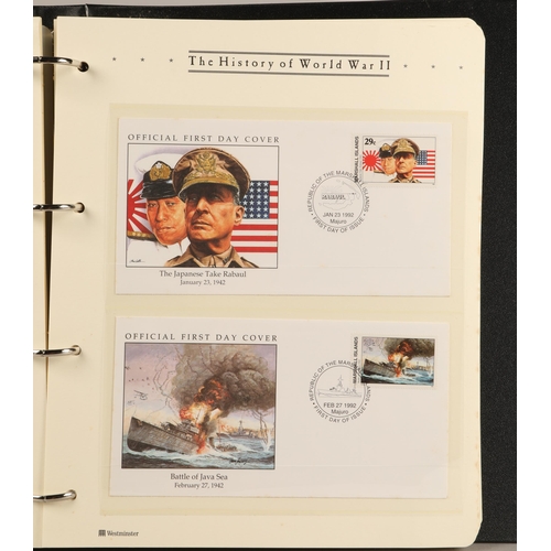 304 - Three albums containing various 'The History of the World War II' first-day covers and commemorative... 