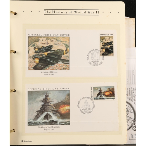 304 - Three albums containing various 'The History of the World War II' first-day covers and commemorative... 