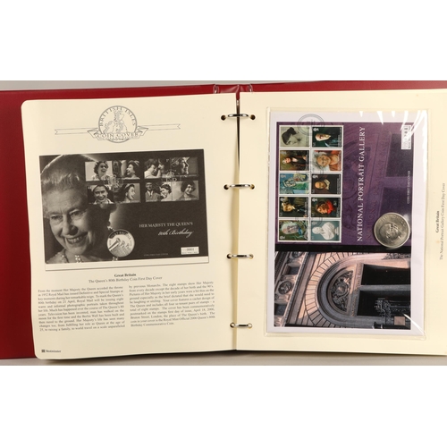 308 - Two albums containing various first day covers, first day coin covers and commemorative coins, 32 pa... 