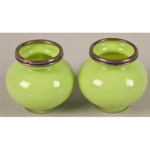 239 - Pair silver lipped green glass pots, London 1922