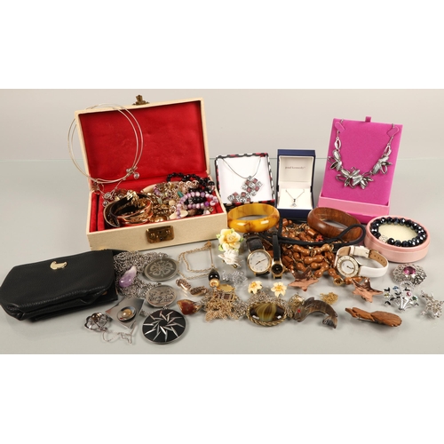 45 - Box of assorted costume jewellery, wrist watches, some silver, gem set, brooches, etc