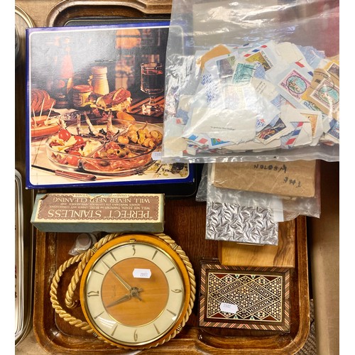 363 - Treen boxes, wall clock, stamps, tea knives etc.