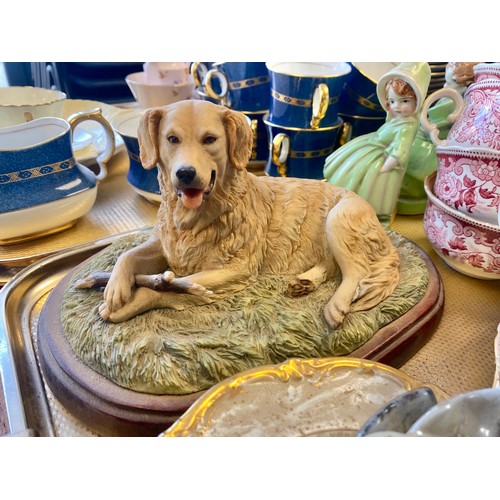 337 - Pair of blue and white small jardinières, dog, a figure and other decorative items