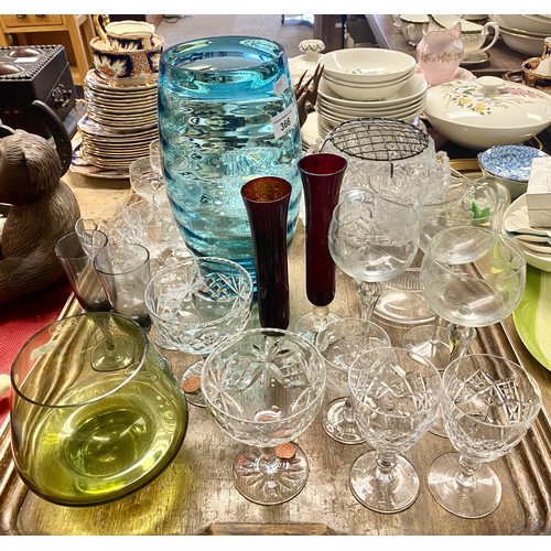 366 - Collection of glass to include blue ribbed vase, bowls, jug etc