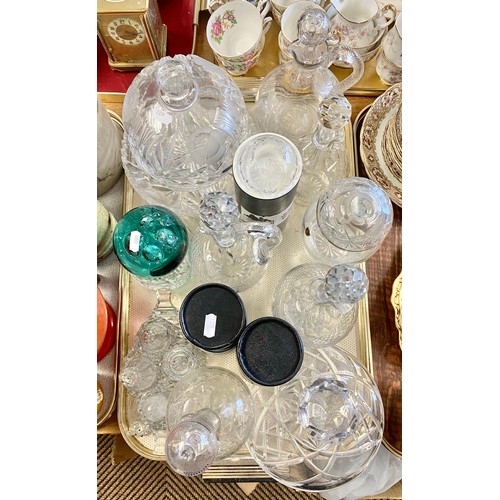 324 - Collection of glassware to include decanters, claret jug, condiments paperweight etc.