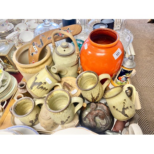 323 - Collection of Studio pottery to include Oak Tree mugs, orange vase etc.