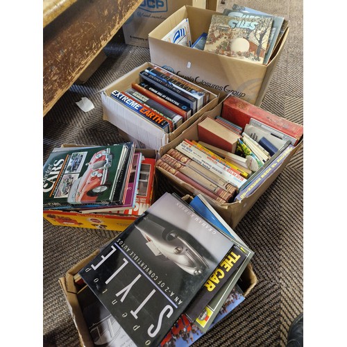 391 - Fives boxes of books relating to motorcars, exploration, navigation, vintage childrens books, Giles,... 