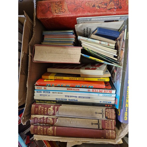 391 - Fives boxes of books relating to motorcars, exploration, navigation, vintage childrens books, Giles,... 