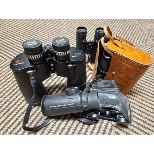 398 - Pair of Chinon binoculars, monocular scope, etc