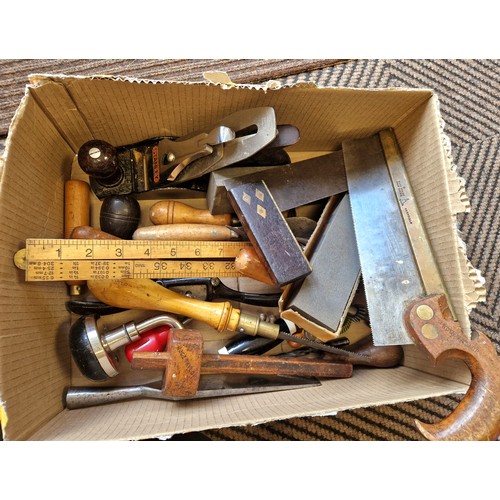 415 - Collection of various hand tools including chisels, handsaw, etc