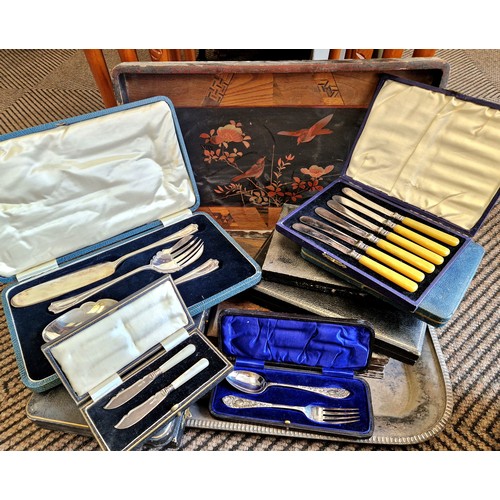 416 - Collection of cased EPNS flatware, EPNS tray and a wooden bird design tray