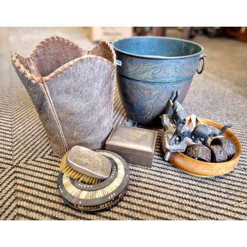 417 - Silver handled brush, ring handled jardiniere, cigarette box, napkin rings, wooden bowl, etc