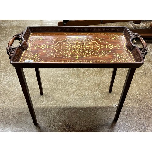 603 - Occasional table with brass inlaid twin-handled top, H 57cm, W 62cm, D 37cm