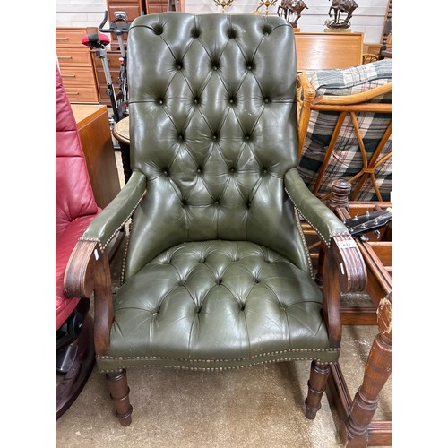 633 - Button back green leather chesterfield armchair