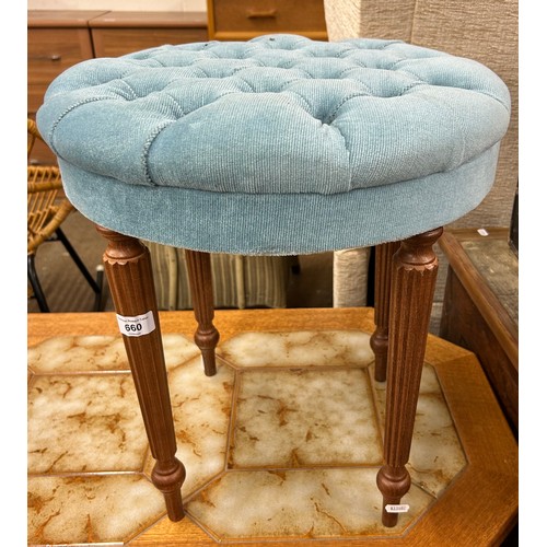 660 - Blue button back stool, approx. 50cm high