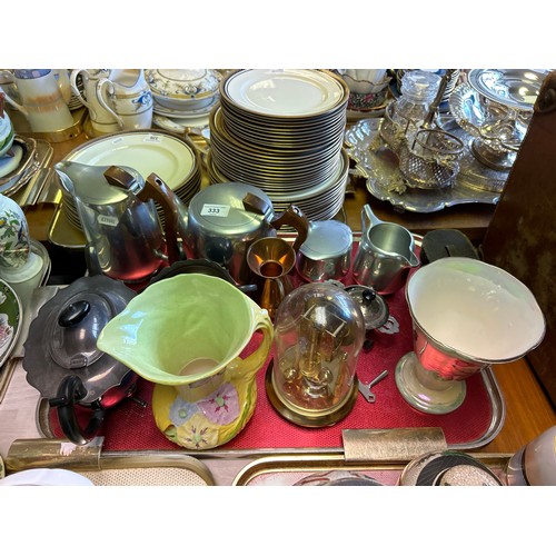 333 - Four piece Piquot ware teaset, Anniversary clock, Maling vase, field glasses etc.