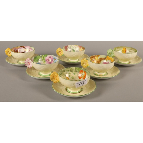 714 - Paragon hand painted set of six flower-handled teacups and saucers, some restoration