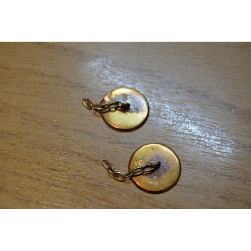 159 - Pair of Chinese gold cufflinks, another, in two parts, a pair of 9ct gold links and a similar unmark... 