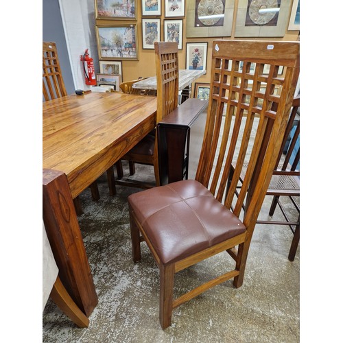 624 - Contemporary dining table with four high backed  mackintosh style chairs, brown leather seats, dimen... 