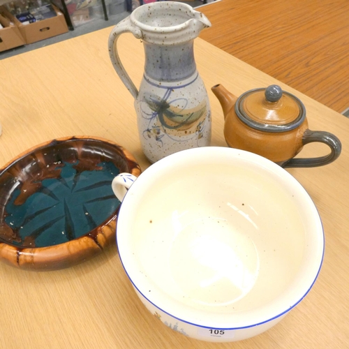 105 - Next Studio Pottery teapot, Belgium bowl, chamber pot, Studio Pottery jug etc.