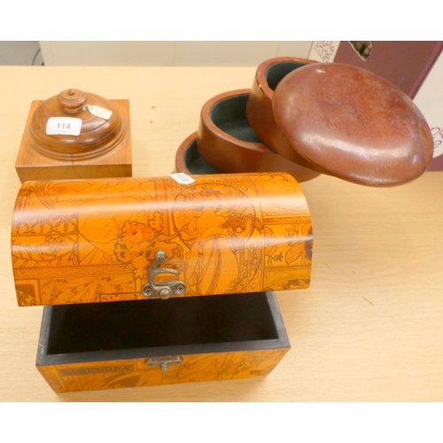 114 - Yew powder box and two treen jewellery boxes. (3)