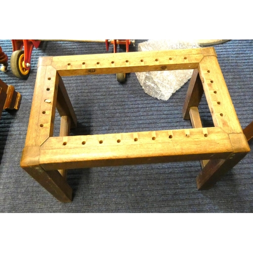 127 - Modern mahogany pedestal table and foot stool in need of upholstery. (2)