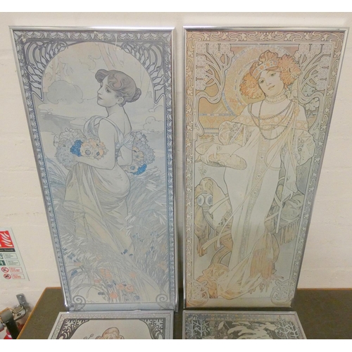 166 - Four vintage Mucha style prints.