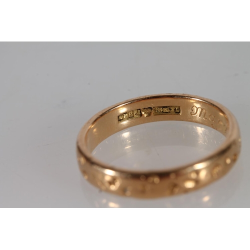 351 - Swedish 18ct gold textured wedding band, size R, 5.2g.