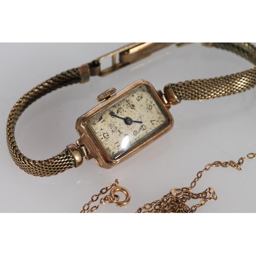 363 - 9ct gold ladies wristwatch on plated strap, 9ct gold watch strap with steel core and loose yellow me... 