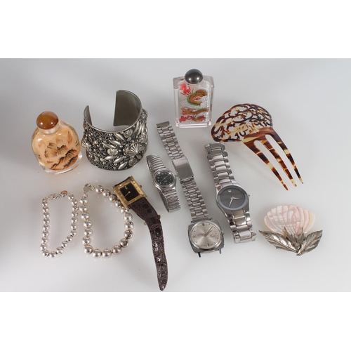 367 - Italian pewter bracelet, snuff bottles, four gents wristwatches etc.