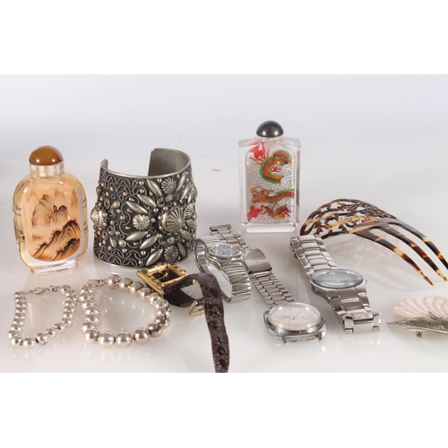 367 - Italian pewter bracelet, snuff bottles, four gents wristwatches etc.