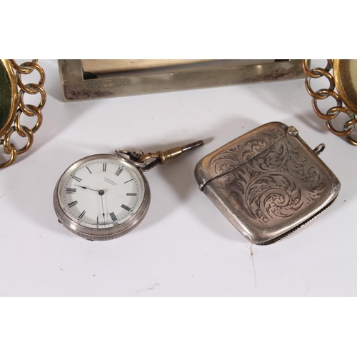 385 - Swiss silver pocket watch, Grosvenor plated pocket watch, hallmarked silver vesta case, pair of ease... 