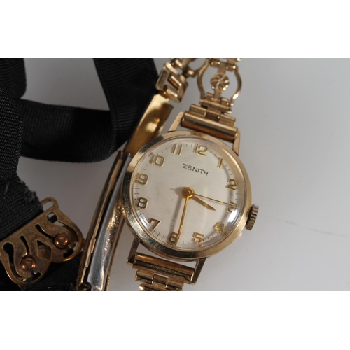 388 - Ladies 9ct gold cased Zenith ladies wristwatch on later plated bracelet, together with original fabr... 