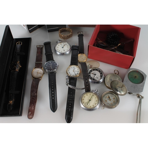 389 - Box of ladies and gents wristwatches, pocket watches, Suunto compass, vintage spectacles etc.