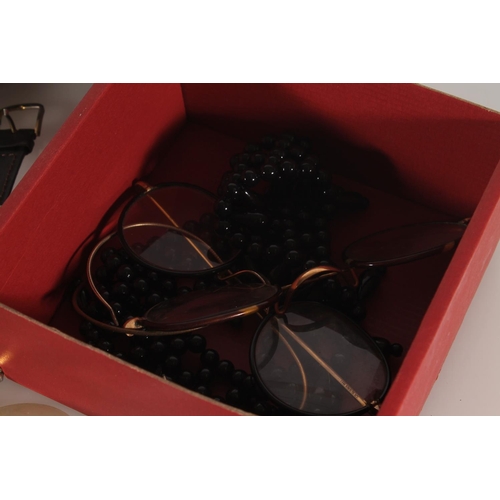 389 - Box of ladies and gents wristwatches, pocket watches, Suunto compass, vintage spectacles etc.