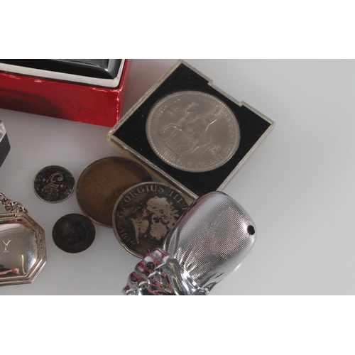 394 - Curios incl. hip flasks, silver decanter label, Conway Stewart and other fountain pens, George III s... 