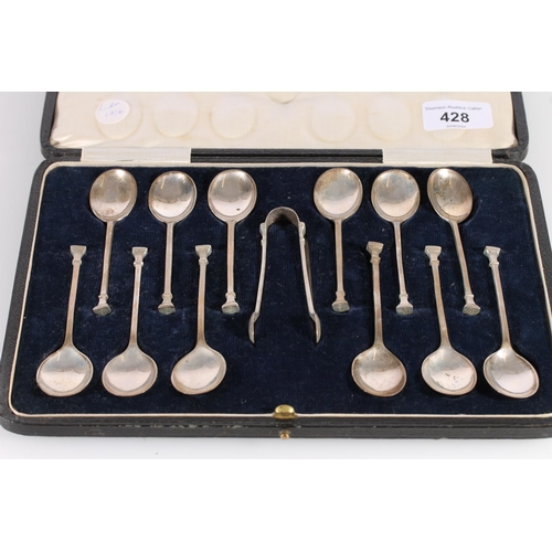 428 - Set of twelve teaspoons with seal end terminals and a pair of matching sugar tongs by Josiah William... 