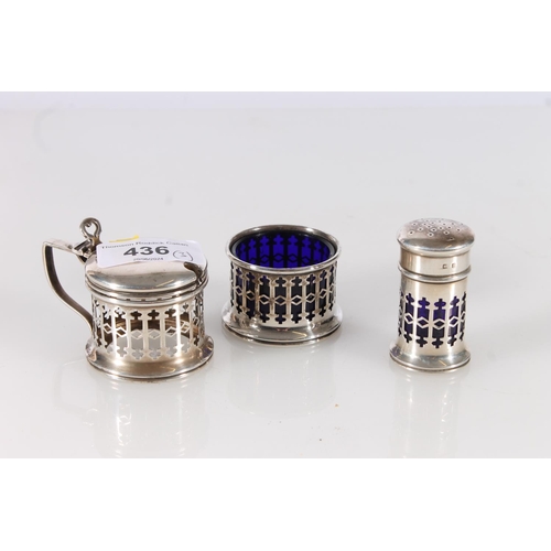 436 - Hallmarked silver cruet, two with blue glass liners, Birmingham 1922, 56g without liners.