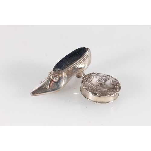 437 - Hallmarked silver shoe form pin cushion, Birmingham 1990, together with a modern hallmarked silver p... 